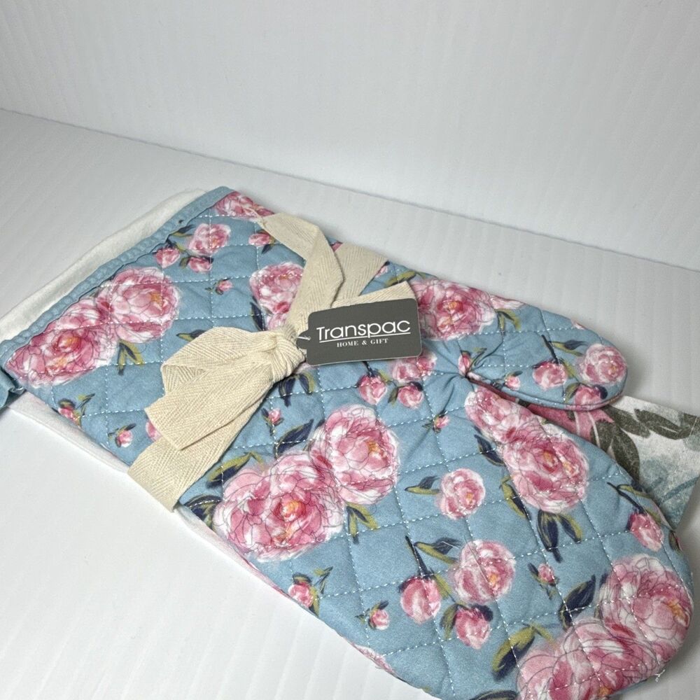 Transpac Home & Gift Cotton Pink Peonies Oven Mitt & Tea Towel Set 2 TE00271